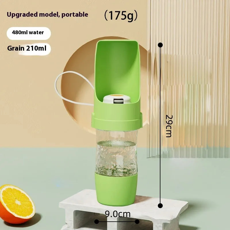 Green portable dog water bottle and feeder with lanyard attached