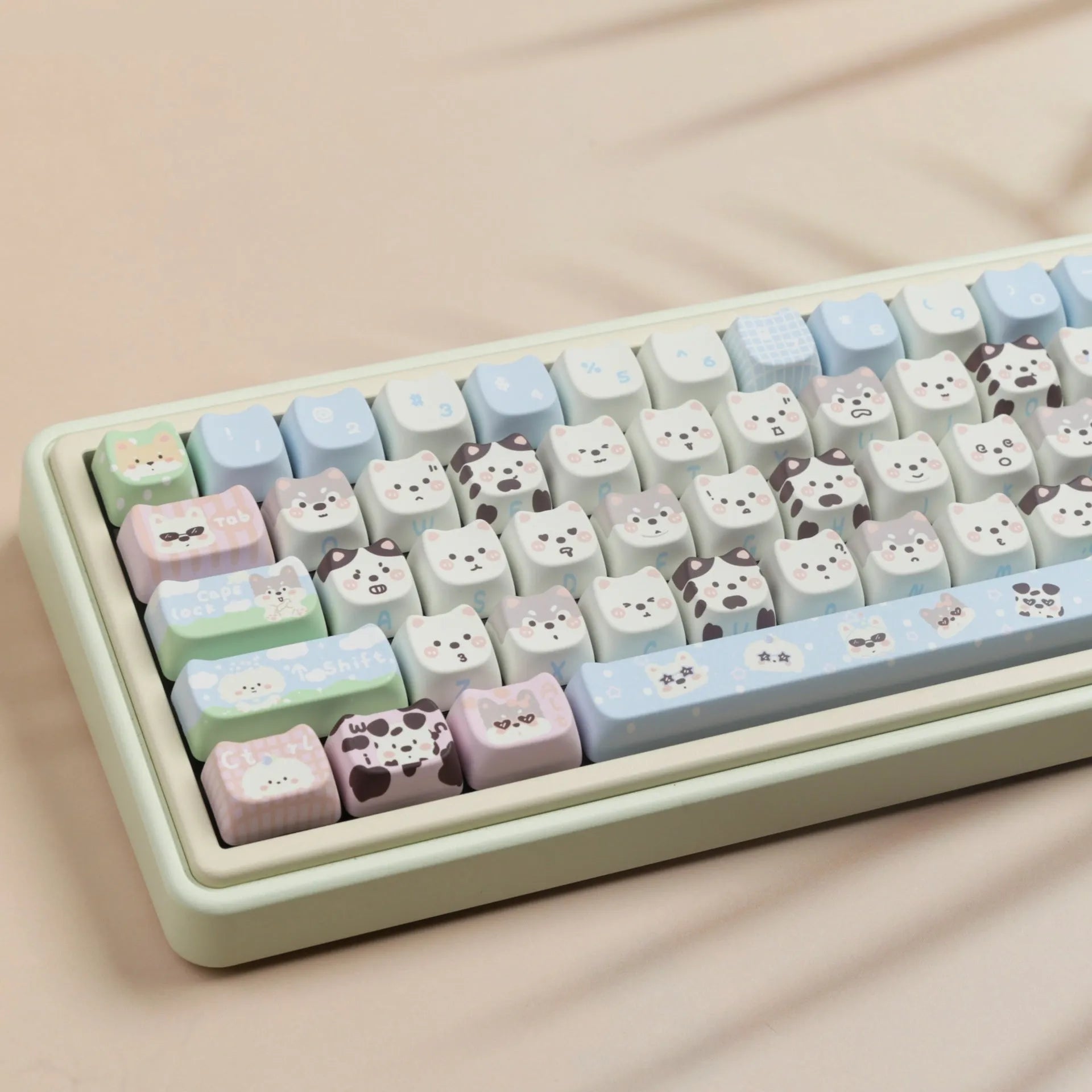 PBT sublimation keycap set with cute puppy designs for mechanical keyboards