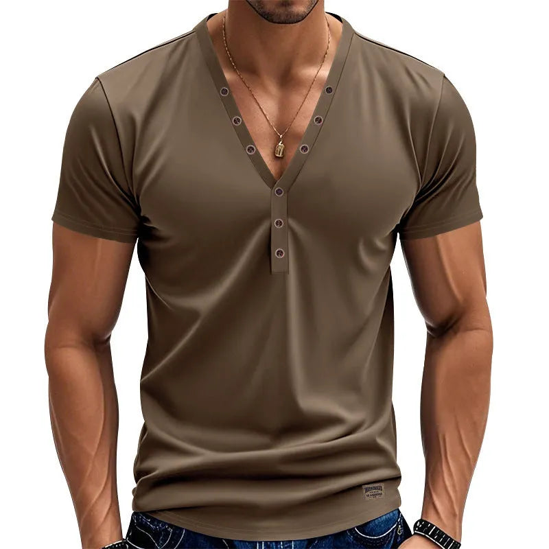 Men's loose thin trendy V-neck top with buttons design in chemical fibre blend fabric available in multiple colours