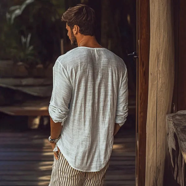 Beige slim fit V-neck long-sleeved t-shirt made from hemp blend fabric