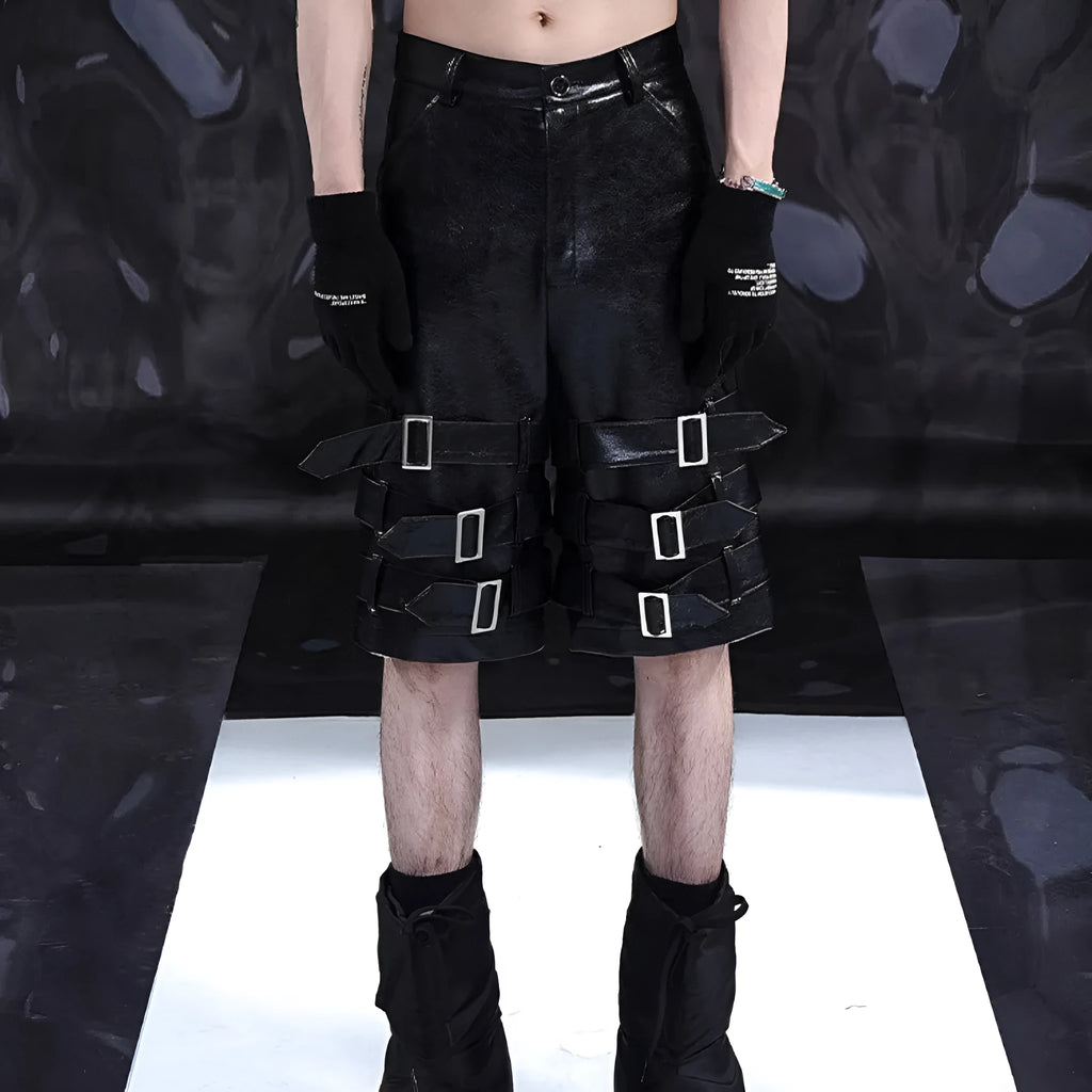 Men's black PU leather cropped shorts on a hanger, showing low waist and casual fit.