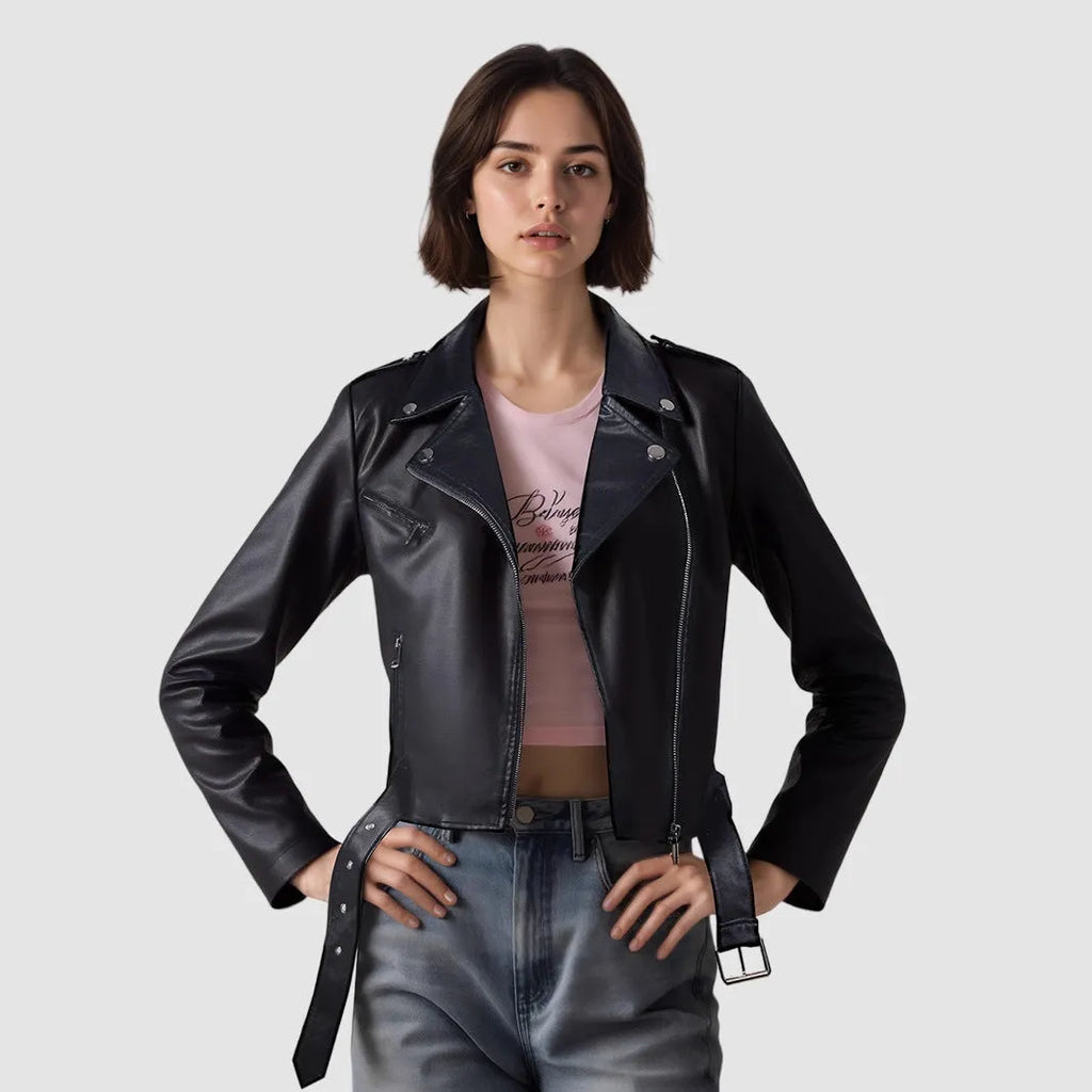 Red women's short PU leather jacket with lapel collar and an adjustable waist belt