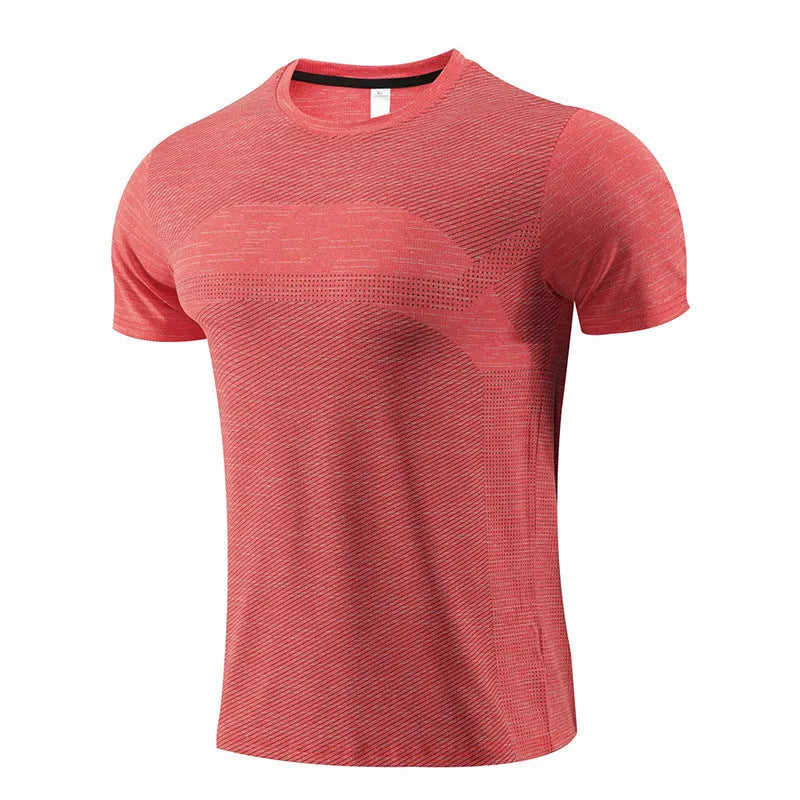 Men's short-sleeved athletic t-shirt for basketball and running in polyester spandex fabric.