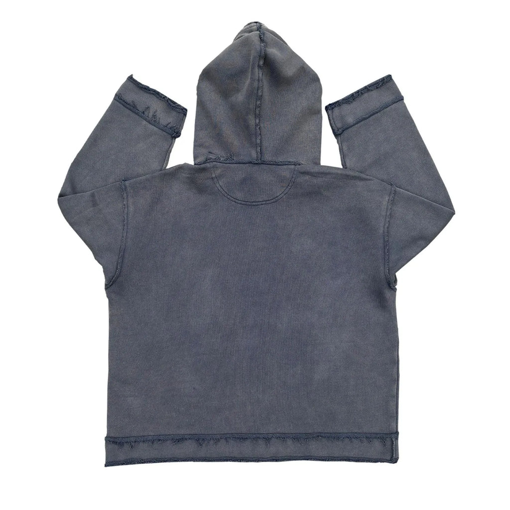 Dark blue unisex hoodie sweater showing reverse colour variation and standard hoodie features