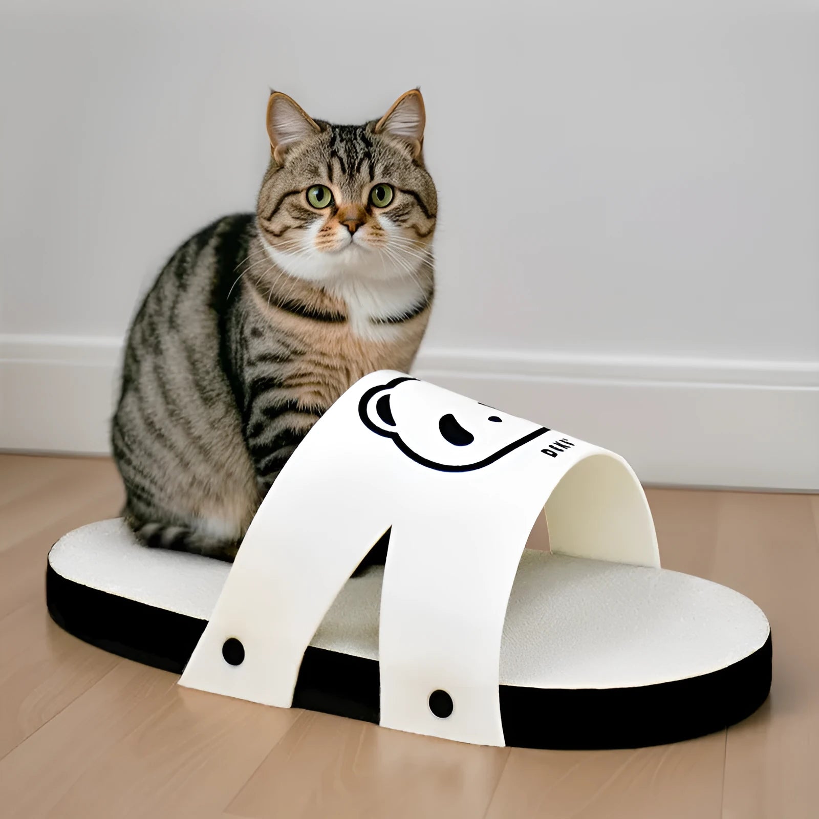 White slipper-style corrugated paper cat scratch board lying flat.