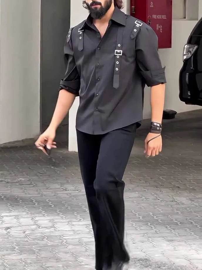 Black utility-style men's button-up shirt with regular fit and polyester material