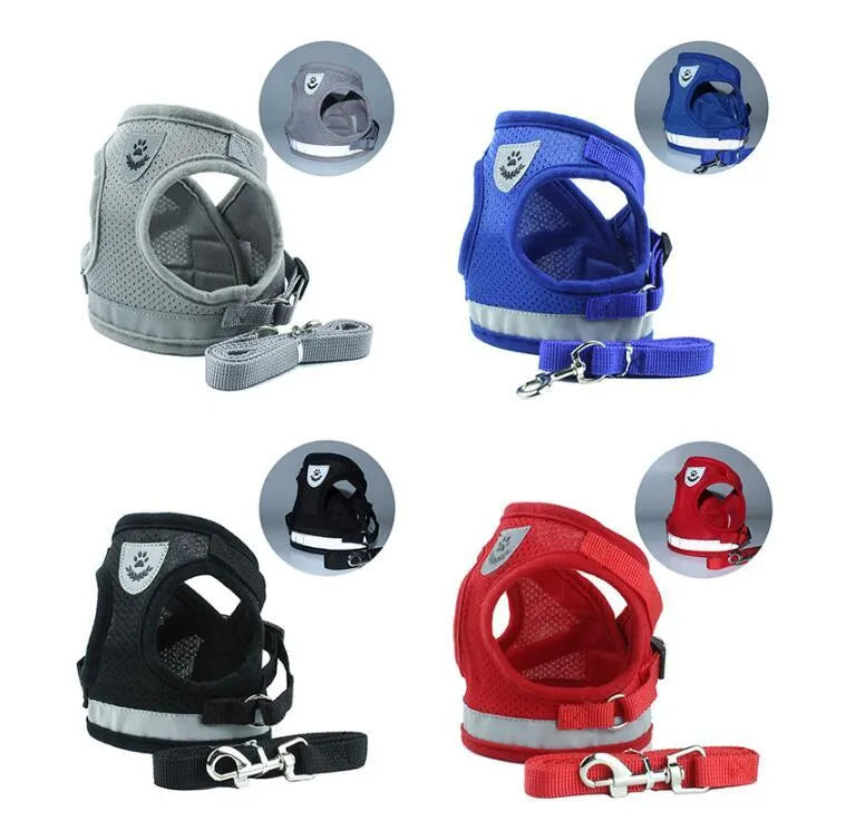 Reflective breathable polyester pet harness with 115cm leash and 1.5cm width, adjustable chest 26-55cm, grey black blue red