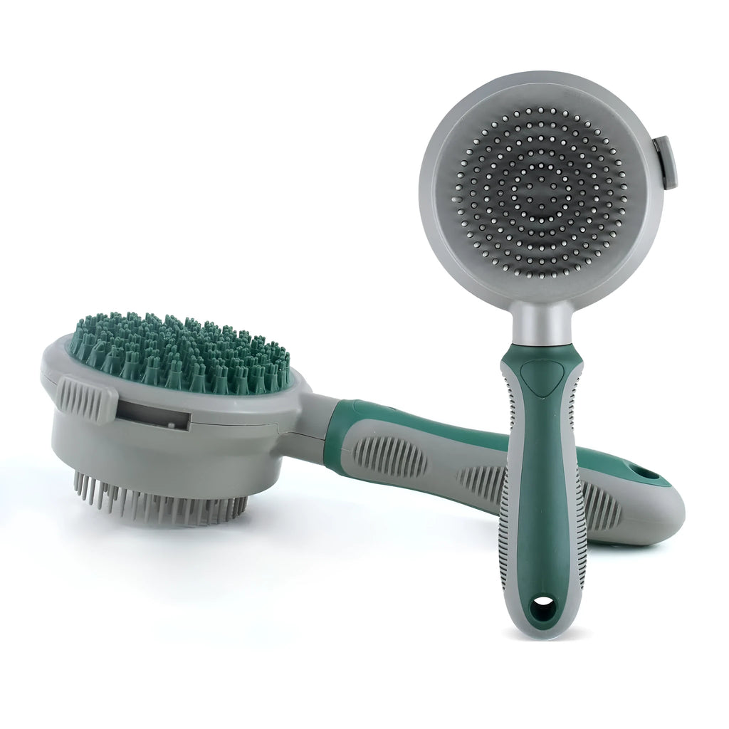 Green two-sided silicone pet brush with retractable slicker pins and a silicone massager head.