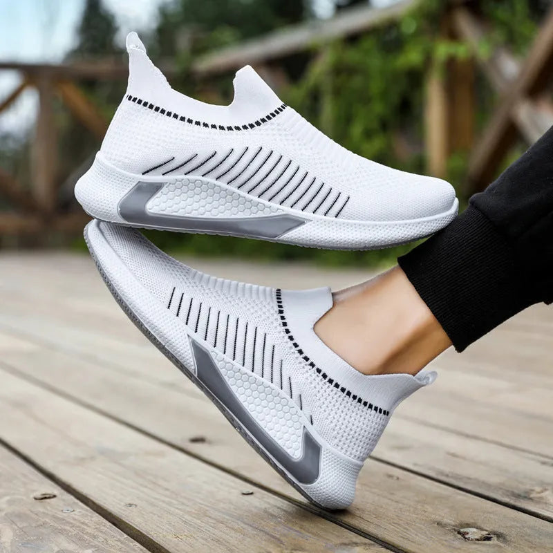 Men's striped mesh sock shoes with flyknit upper and lace-up closure in multiple colour options