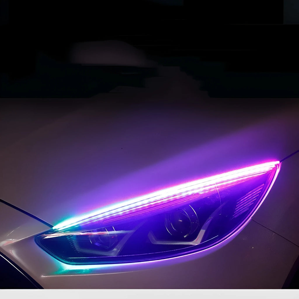 Universal LED headlight streamer with remote control showing RGB colourful lighting in 30cm, 45cm, and 60cm length options