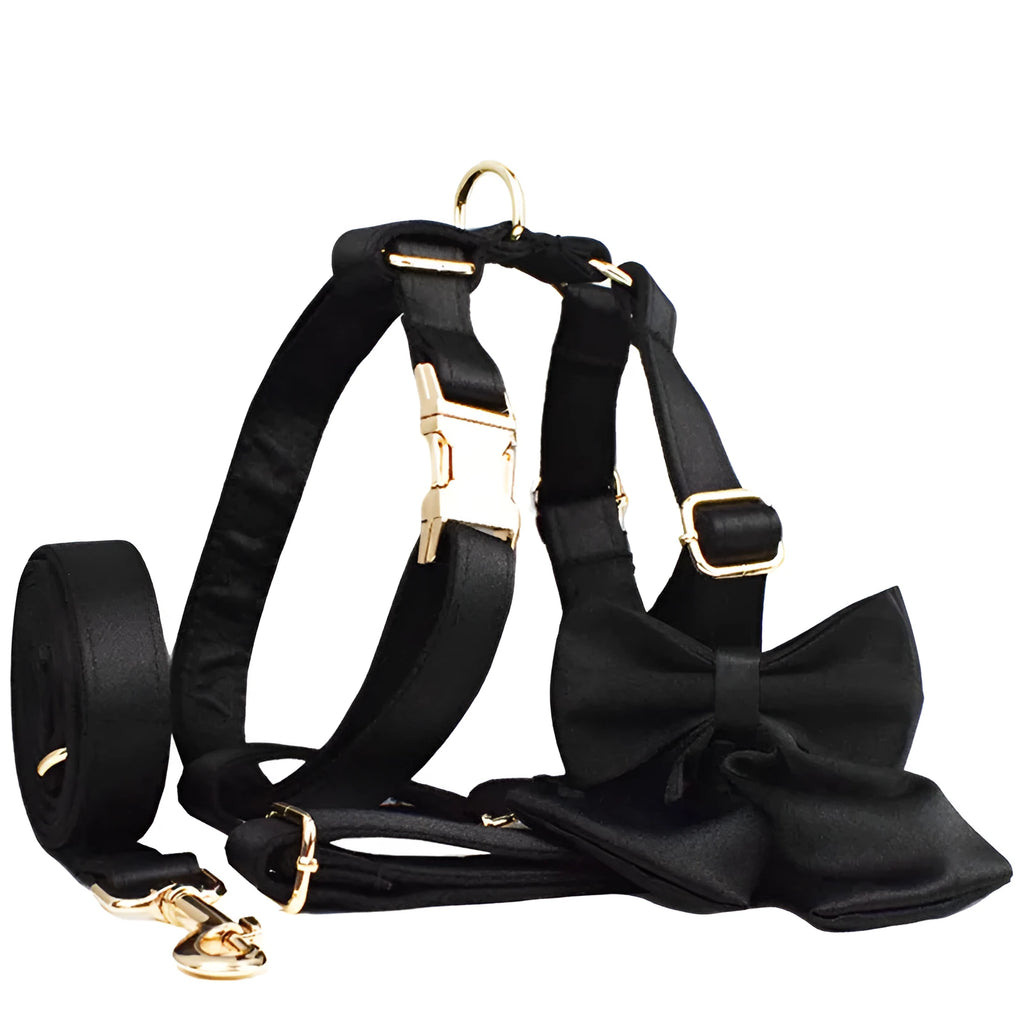Complete dog accessory set with collar, leash, bow, and vest in cloth material