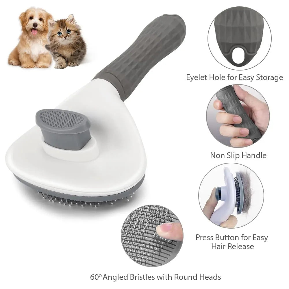 Blue cat brush with a release button and fine wire bristles for removing loose fur