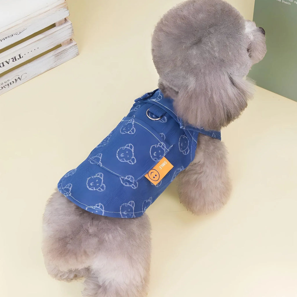 Blue denim princess dress for small dogs with bracket skirt design, suitable for spring and autumn seasons