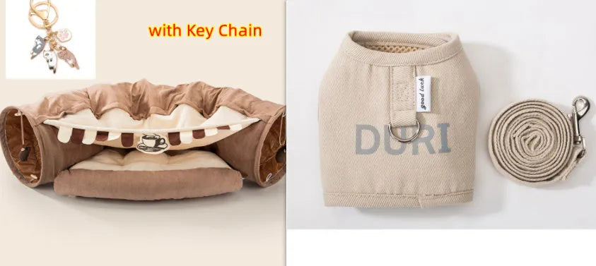 Collapsible cloth cat tunnel in bar, coffee, matcha, or pink colour, showing its 45cm length.