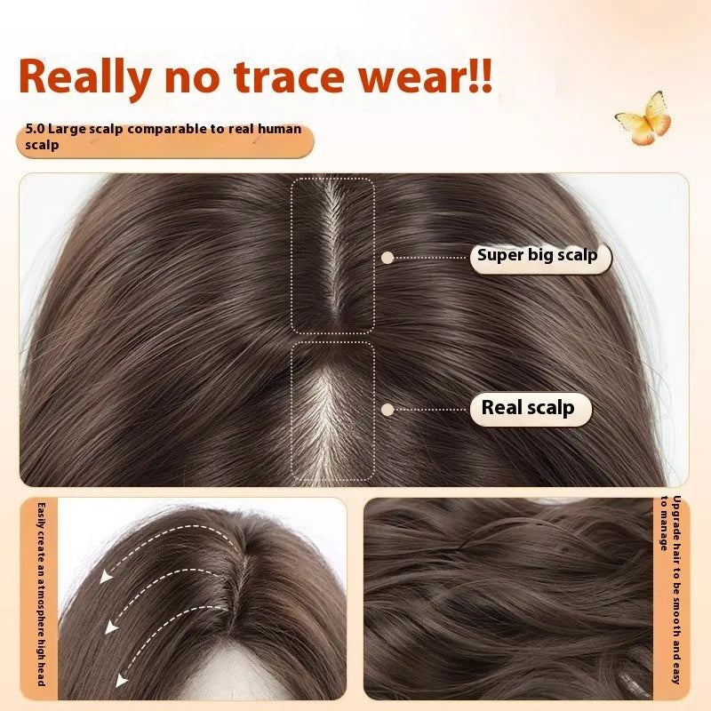 Full-head women's wig with long curly artificial hair and side bangs in brown colour options