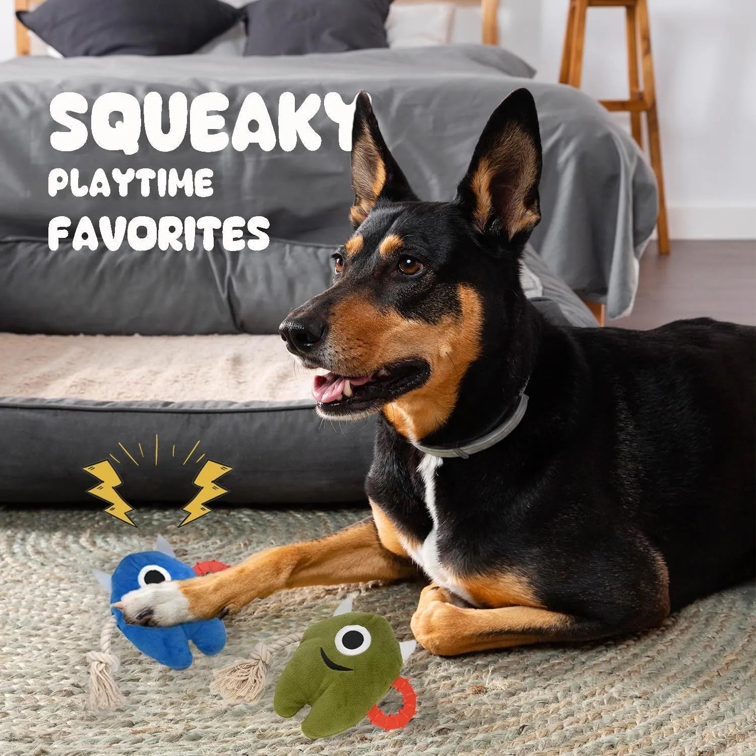 Blue and green plush dog toy with cotton rope elements and squeaker for chewing and tug of war play.