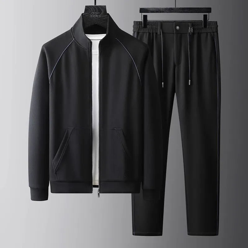 Men's slim fit stand collar casual sports suit in Vinylon fabric, showing coat and trousers.