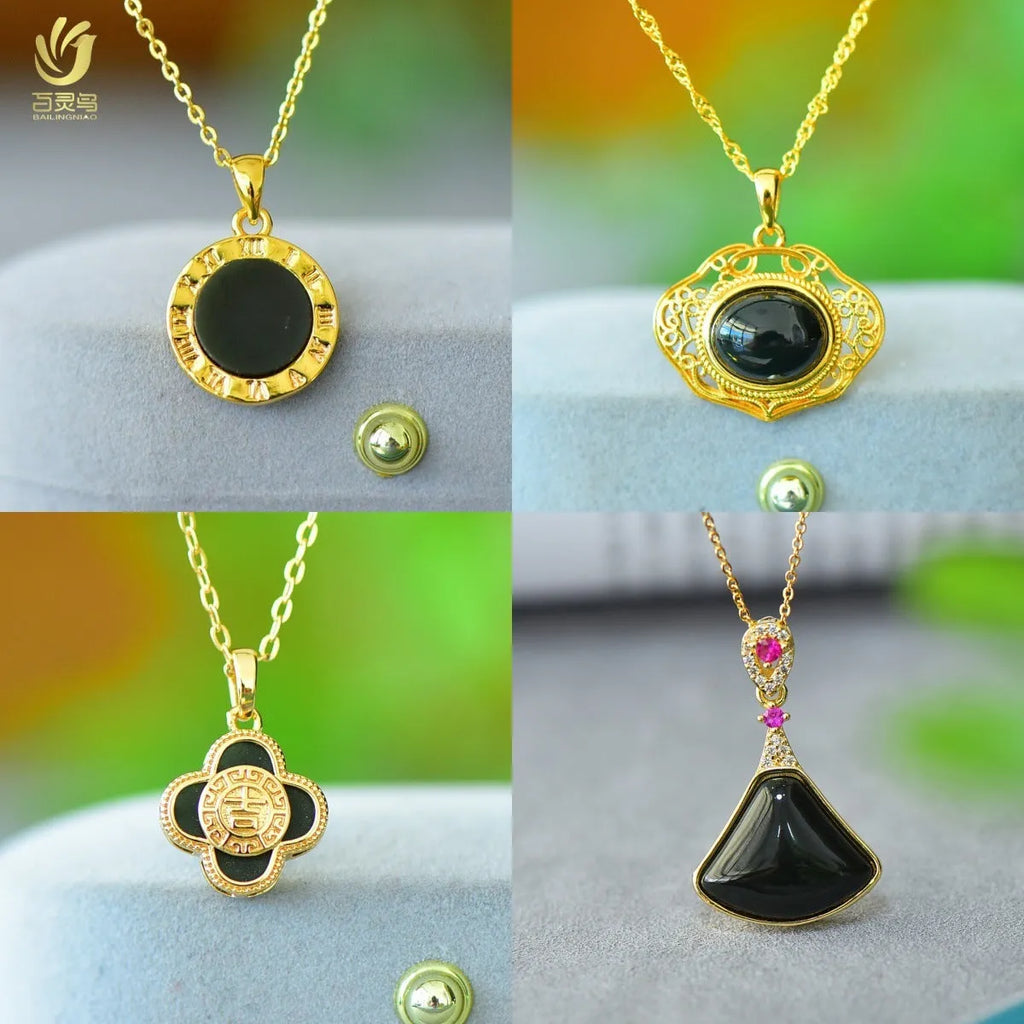 Flat ink blue Hetian Jade pendant with copper inlay design on a chain.