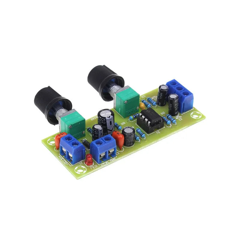 Front stage amplifier circuit board with bass boost components on green FR-4 fibreglass