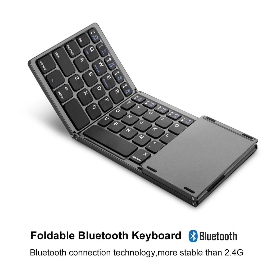 Tri-fold Bluetooth keyboard shown open for typing and folded for travel