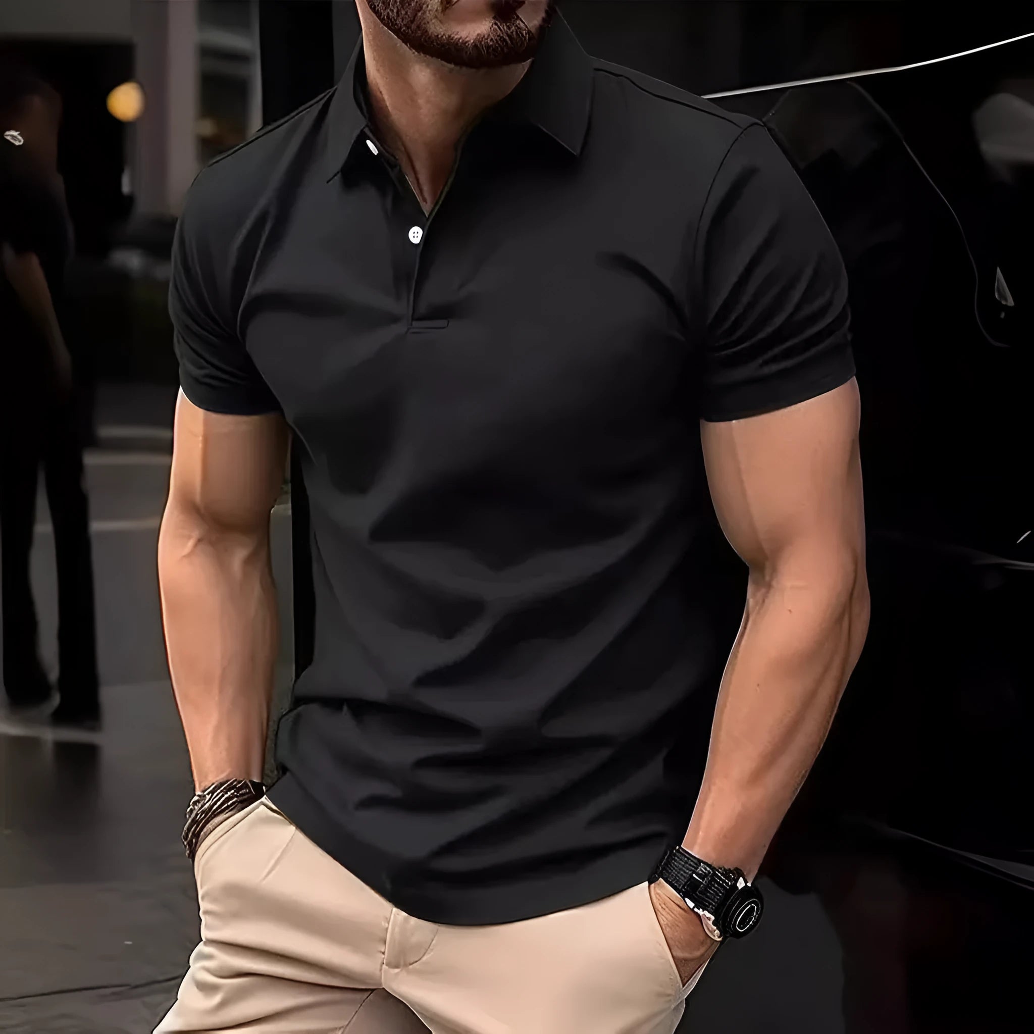 Men's slim fit solid colour cotton blend short sleeve button-down shirt
