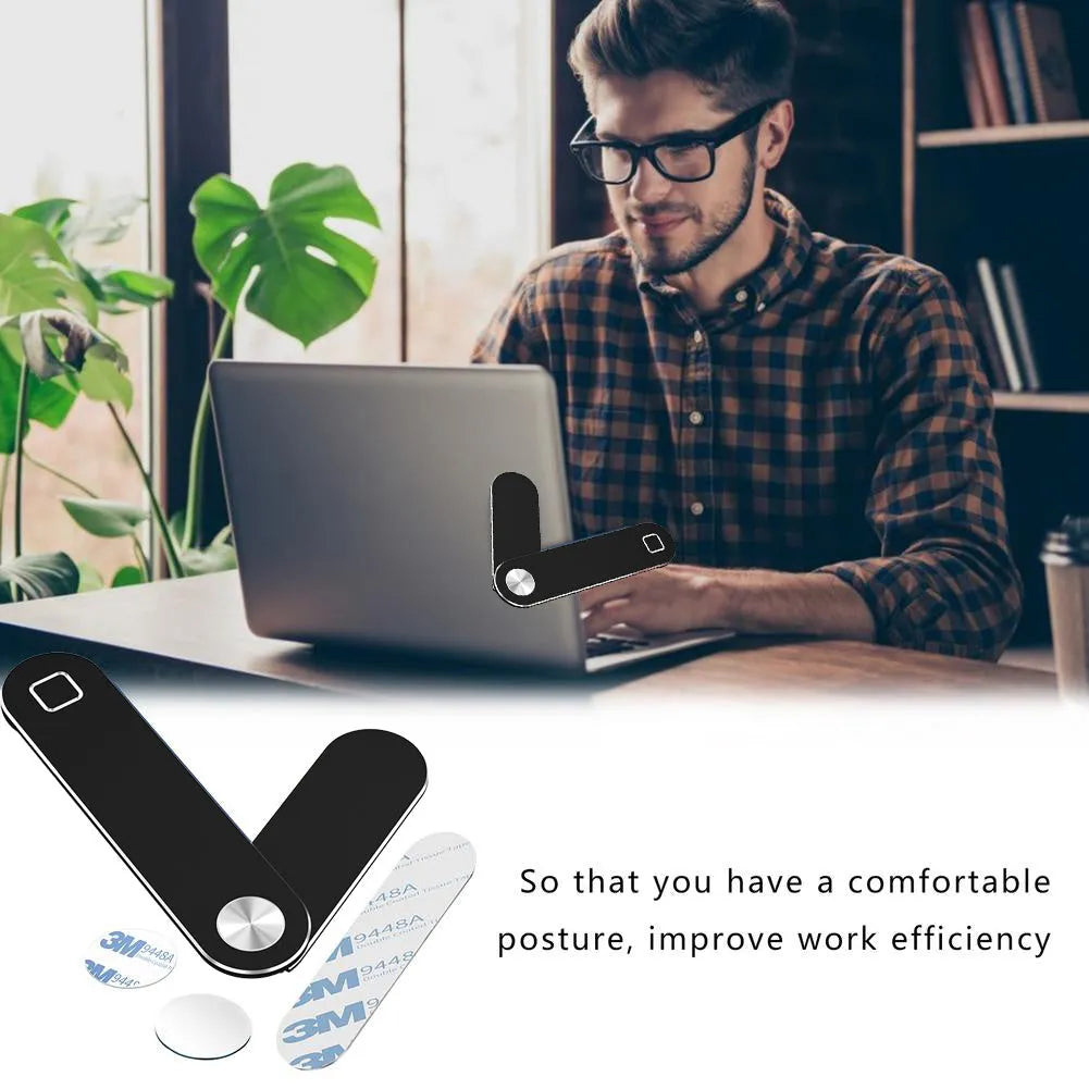 Aluminium laptop phone holder with magnetic clip mounted on laptop edge holding smartphone