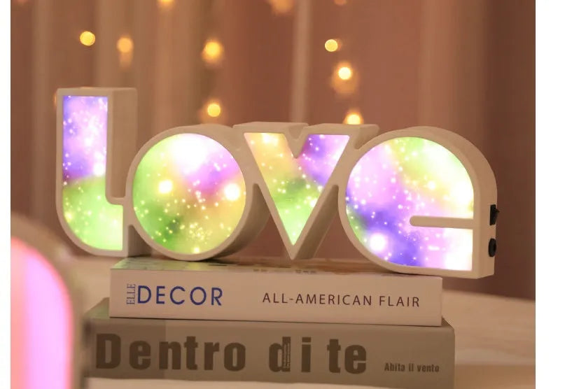 LED LOVE decorative light with rainbow-style lampshade measuring 35.5x13.5 cm
