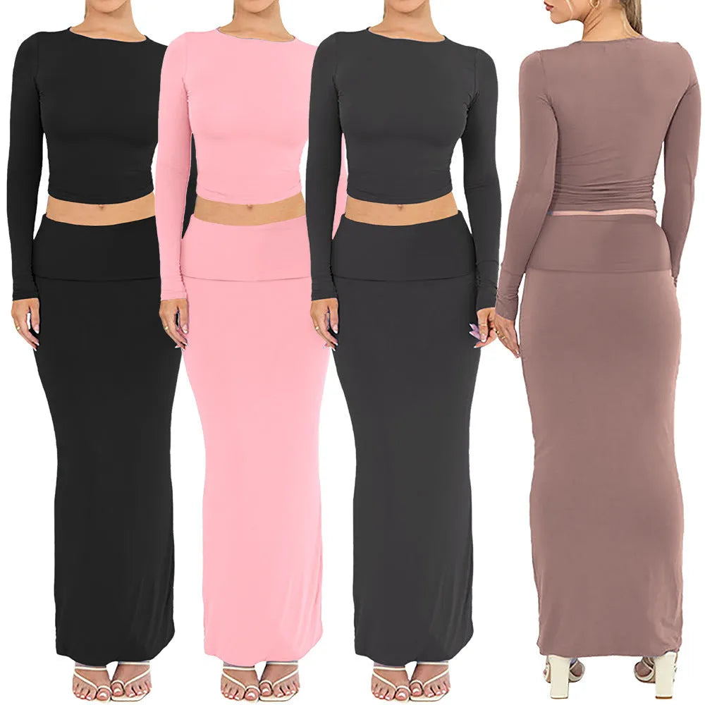 Women's black polyester two-piece suit with three-quarter sleeve top and long skirt, sweet style.