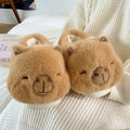 Light brown women's winter plush slippers with cartoon pattern and artificial wool lining
