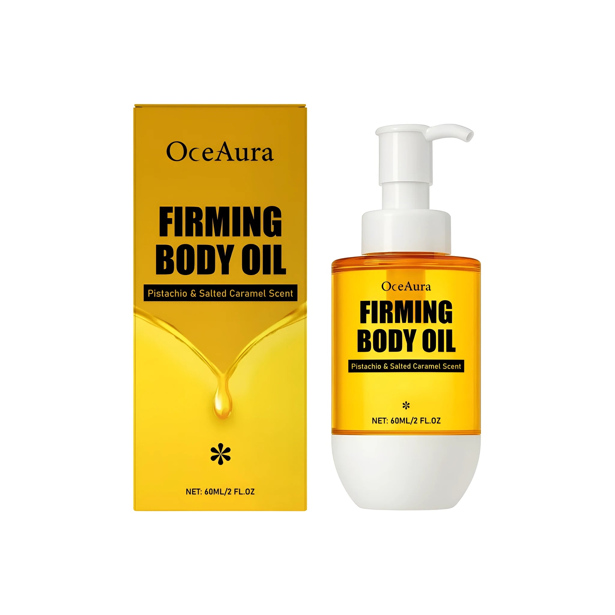 60ml bottle of tightening and wrinkle resistant body oil with ingredients including pistachio seed oil.