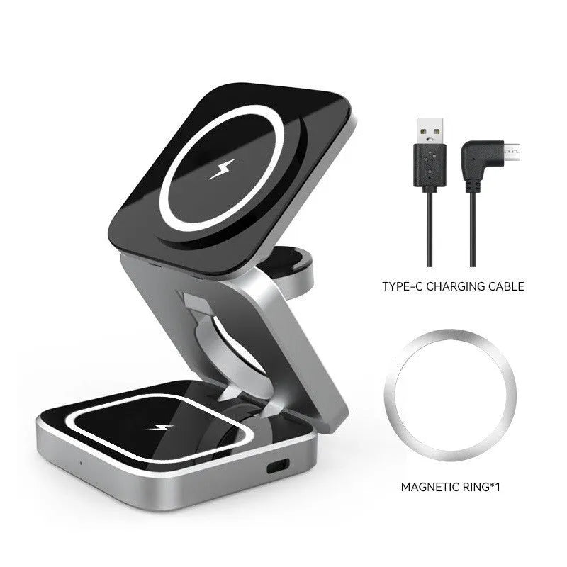 Folding three-in-one desktop wireless charging bracket with cable and magnetic ring