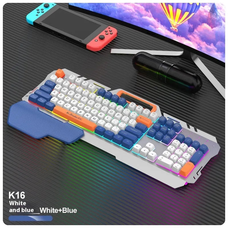 Blue wired gaming keyboard and mouse set with backlit keys on a desktop