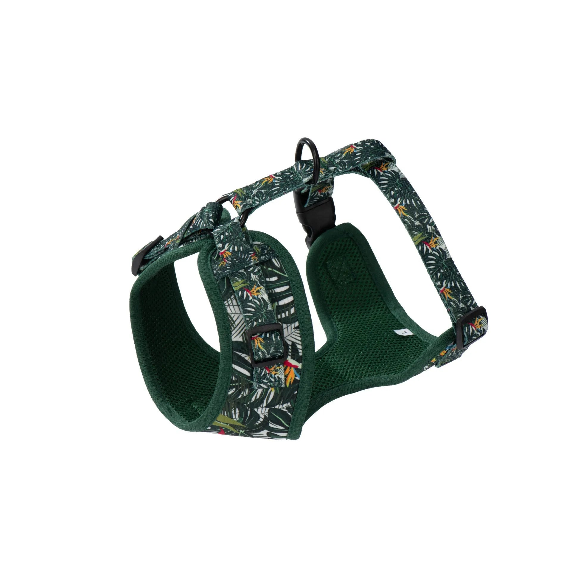Adjustable cloth dog harness set with six pieces including vest, collar, rope, waste bag, bow tie, and scarf