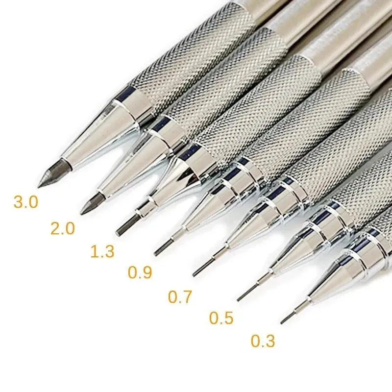 Metal automatic mechanical pencil with multi-diameter refill options for writing and drafting