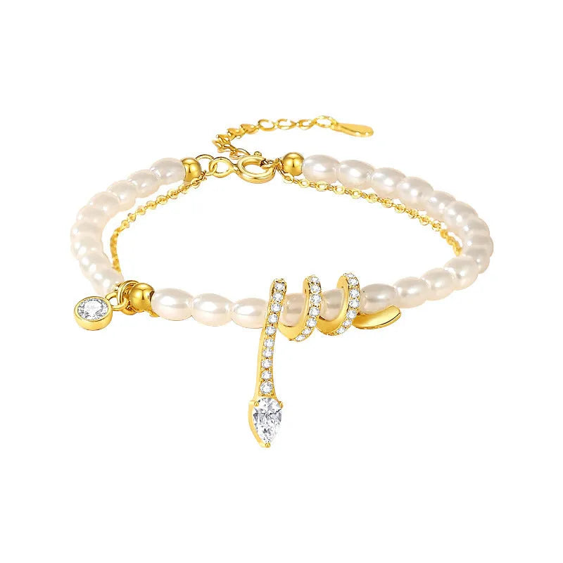 925 silver pearl snake bracelet with geometric design in gold or white gold colour