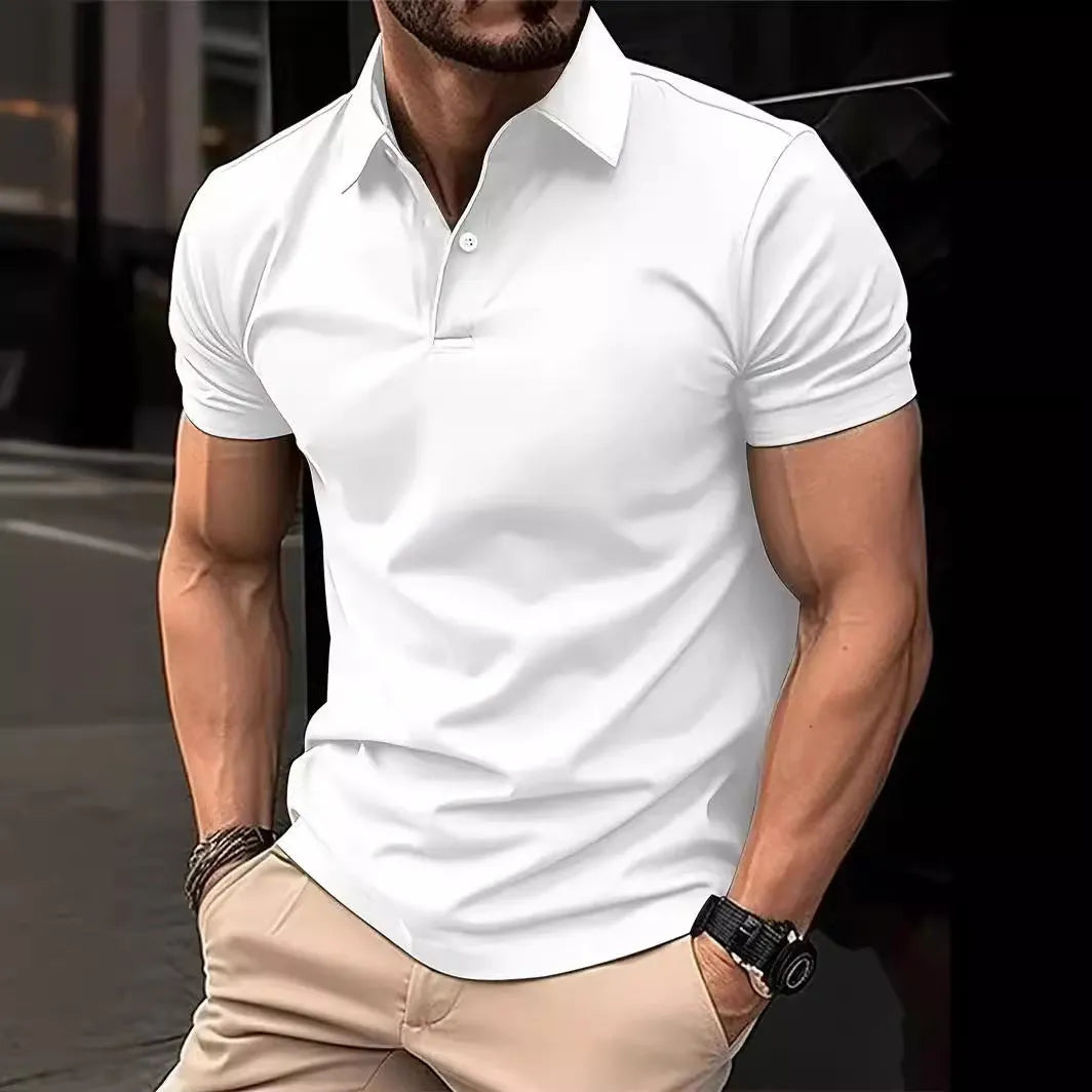 Men's slim fit solid colour cotton blend short sleeve button-down shirt