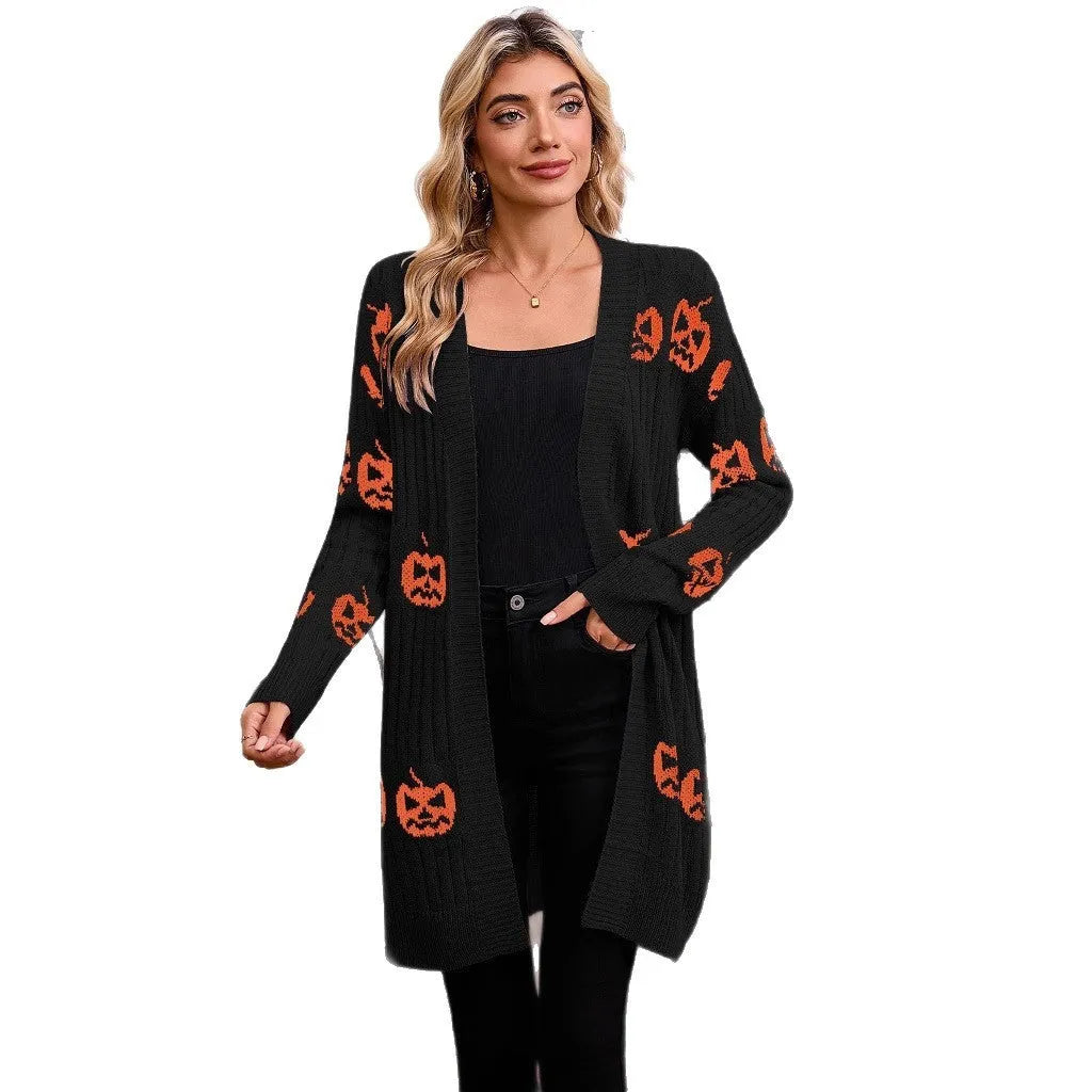 Women's black Halloween cardigan with pumpkin head jacquard pattern, medium length acrylic knit