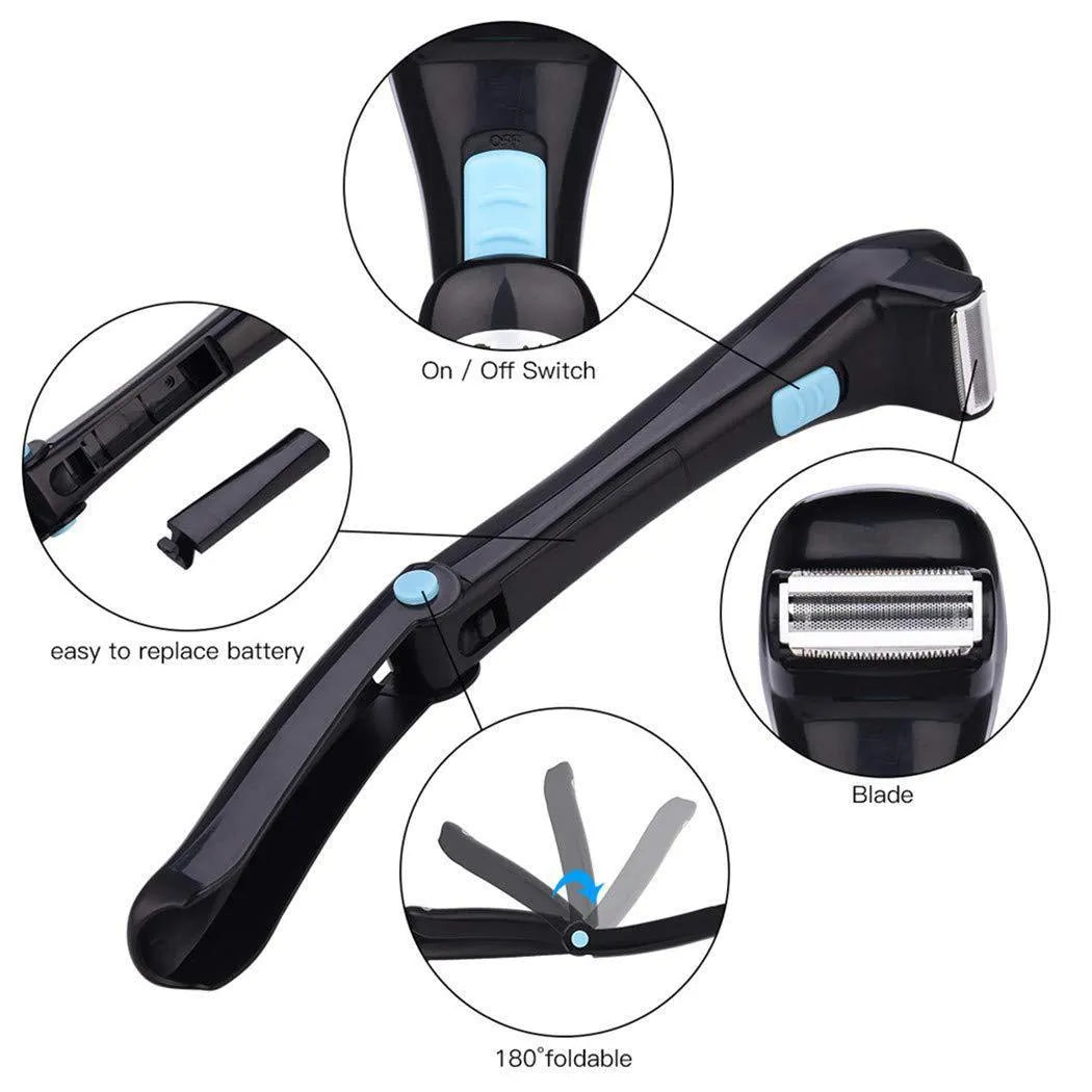 Black folding electric body shaver with pivoting head in closed position