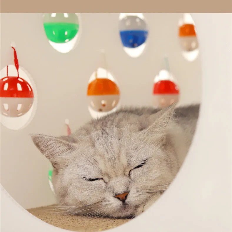 House-shaped cat scratch board with integrated bell ball and tunnel for indoor cats