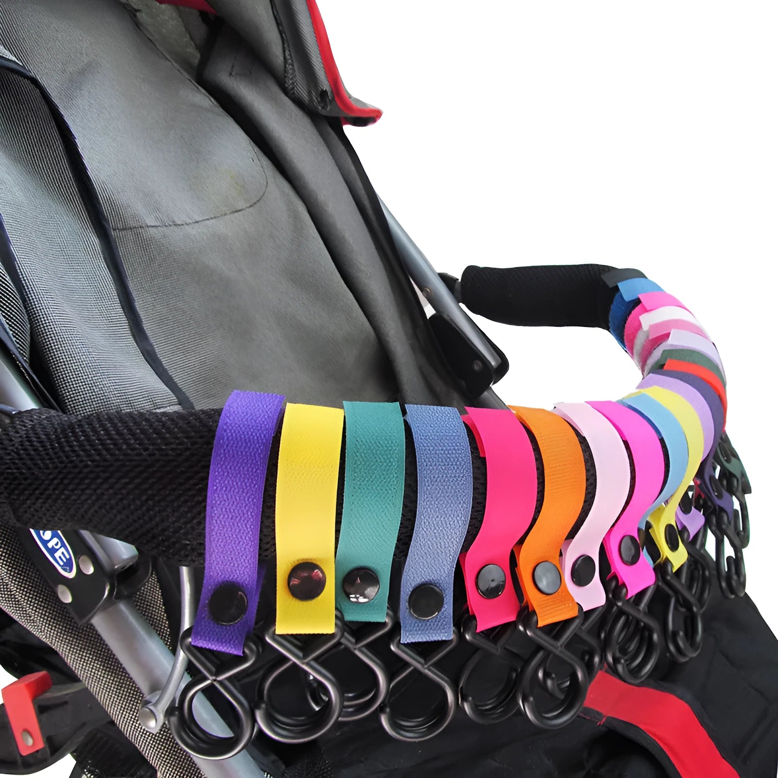 Nylon luggage velcro hook in assorted colours on a white background, showing the looped design and individual OPP pack.