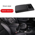 Universal plastic car armrest cover showing black PU leather and carbon fibre pattern options with red cord detailing