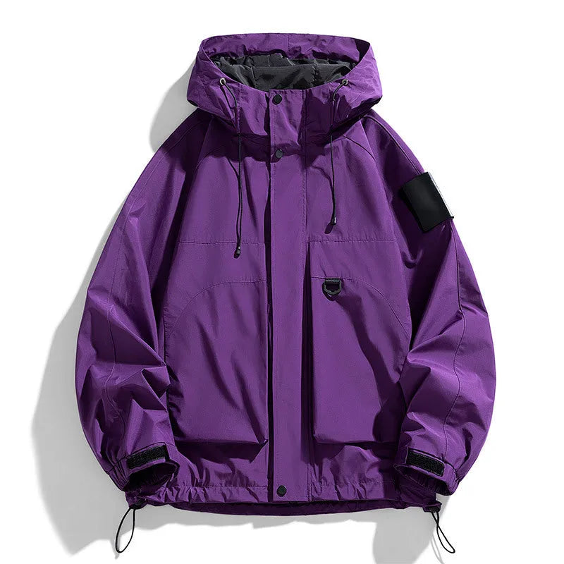 Men's waterproof windproof hooded coat in black colour showing regular length and long sleeve design
