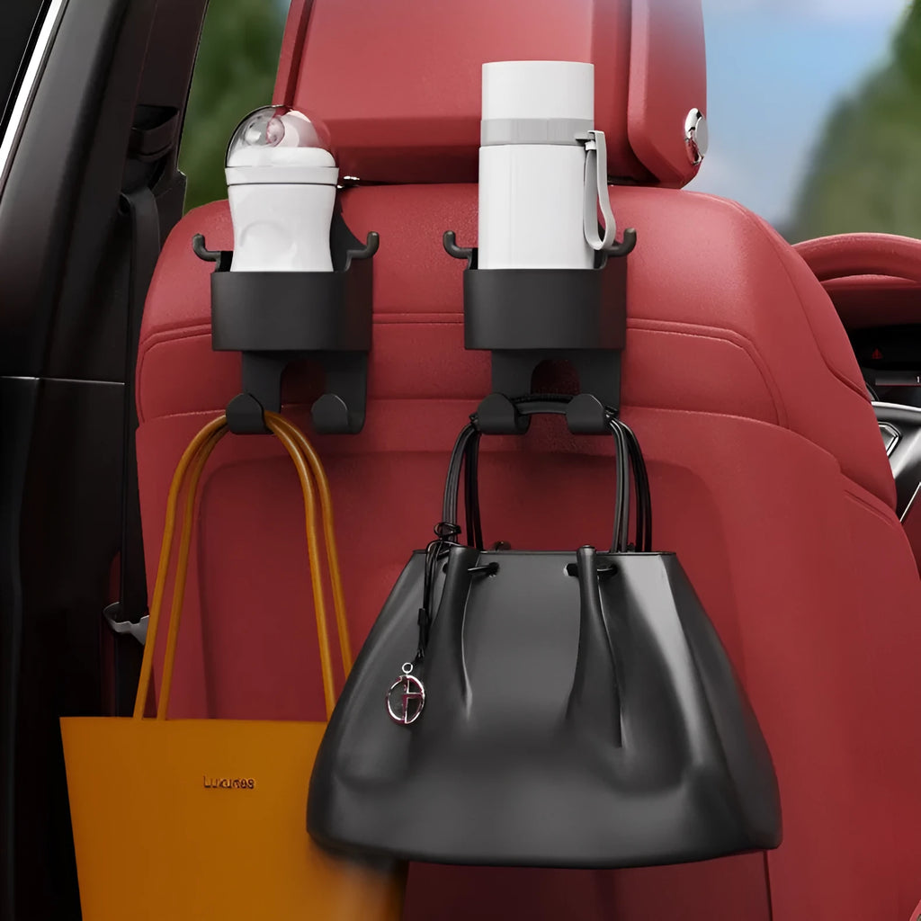 Black plastic car hook seat back organiser with cup holder measuring 8.5x7.1x14.4cm