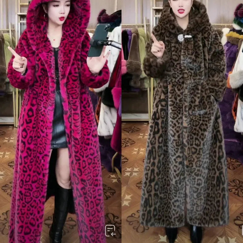 Loose-fitting plus size long faux fur coat in brown leopard print colour, showing regular sleeves and long hem.
