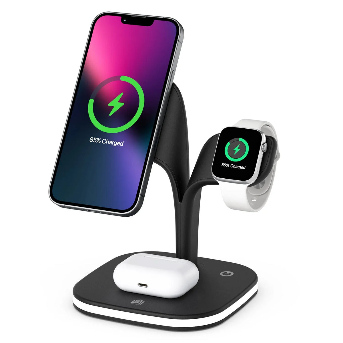 Black 3-in-1 wireless charging stand holding a mobile phone, a smartwatch, and headphones on a desk.