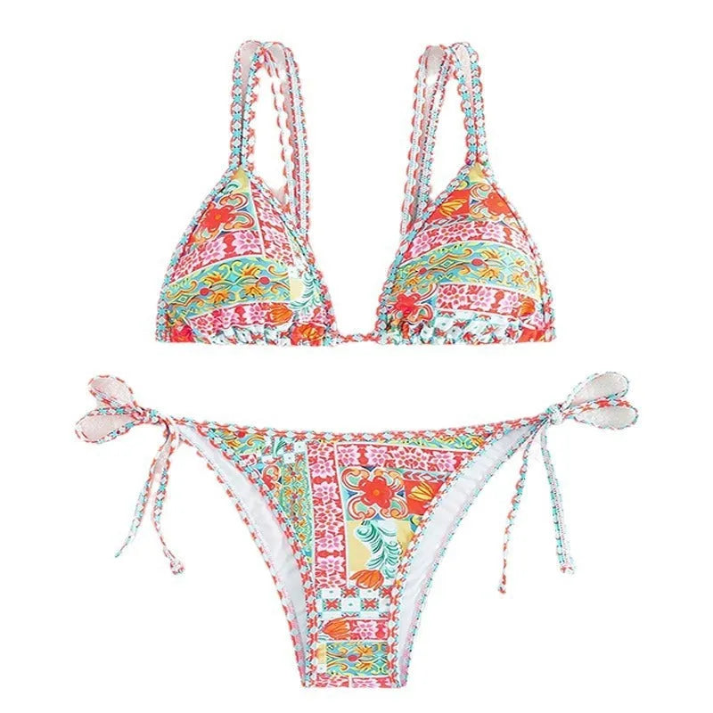 Women's lace-up front split leg swimsuit in picture colour with adjustable design