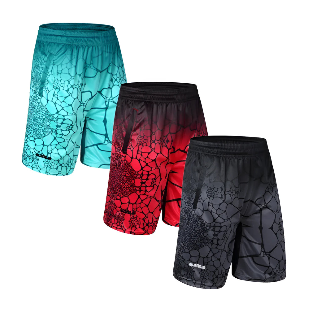 Men's loose five-point basketball shorts in 90% polyester, available in Black, Green, and Red, sizes M to 4XL