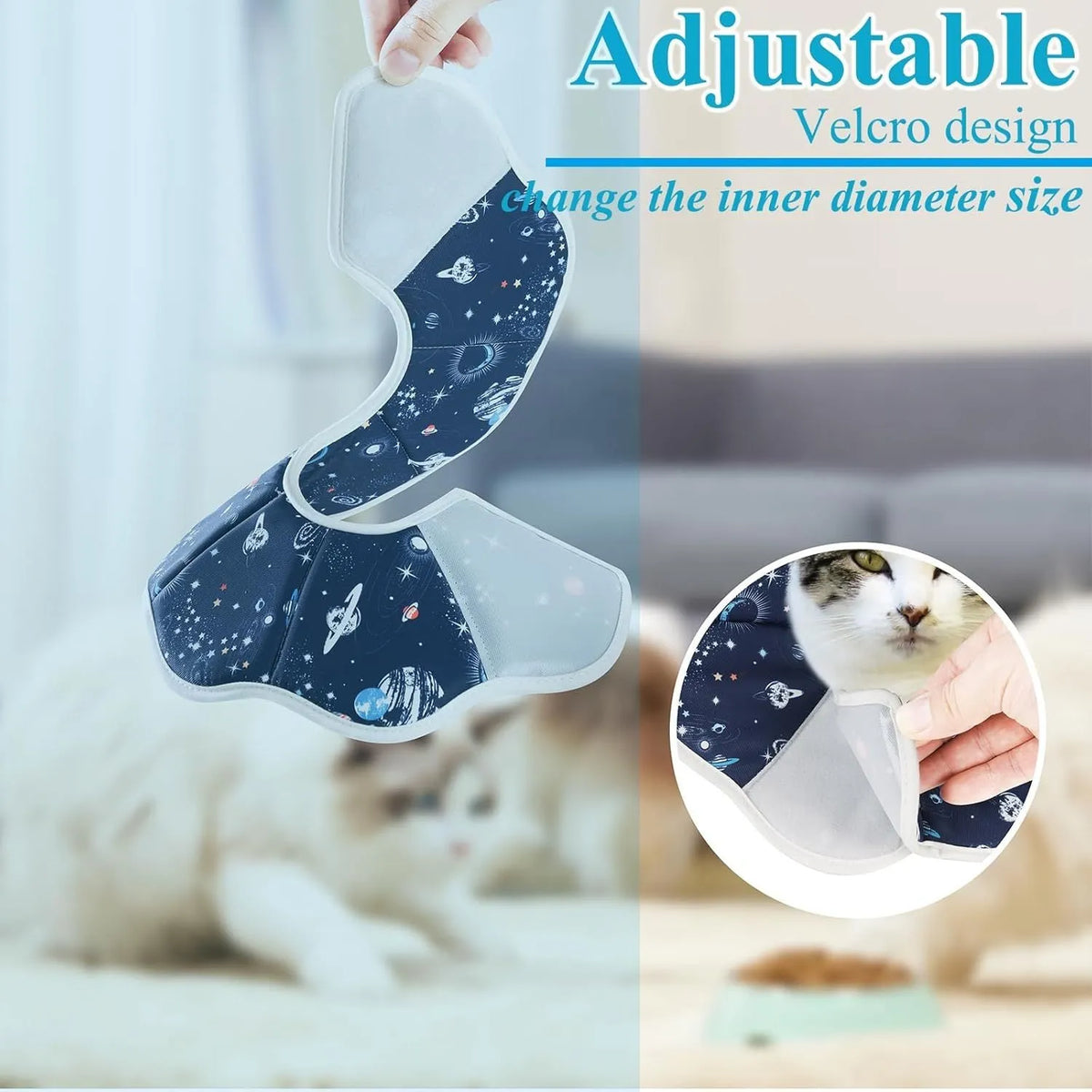 Soft adjustable cat cone collar in constellation print, showing adjustable circular fastener and soft fabric construction.