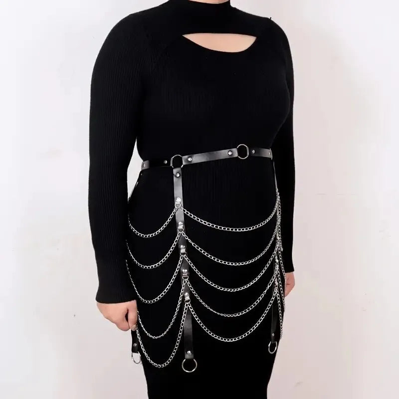 Black PU leather waist chain with bandage binding chain design fashion accessory