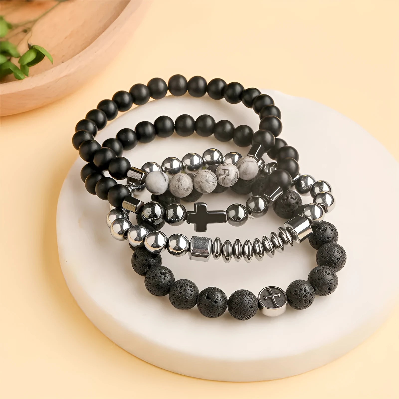 Volcanic rock coloured agate bracelet with geometric beads and stainless steel accents